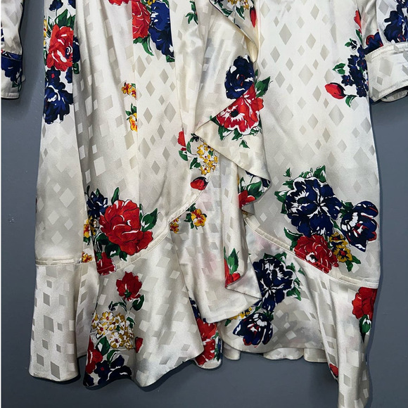 Tory Burch Floral Print Belted Satin Wrap Dress in Ivory Tea Rose Size 6 - Picture 6 of 10